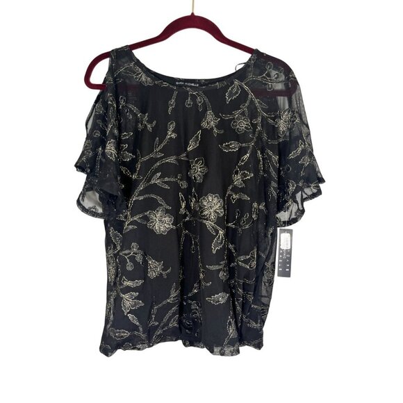 Sara Michelle Tops - Retro Floral Mesh Top L Black Boho Western Indie Hippie Folk Preppy Classic Chic